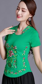 Short-sleeve Chinese Ethnic Embroidery Cotton Blouse (Ready-Made)