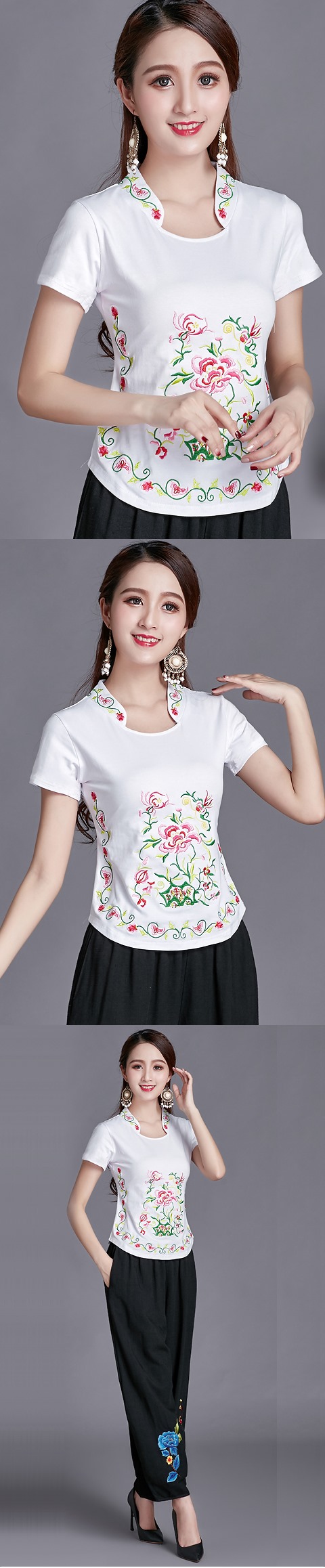 Short-sleeve Chinese Ethnic Embroidery Cotton Blouse (Ready-Made)