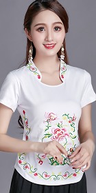Short-sleeve Chinese Ethnic Embroidery Cotton Blouse (Ready-Made)
