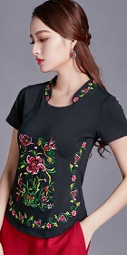 Short-sleeve Chinese Ethnic Embroidery Cotton Blouse (Ready-Made)