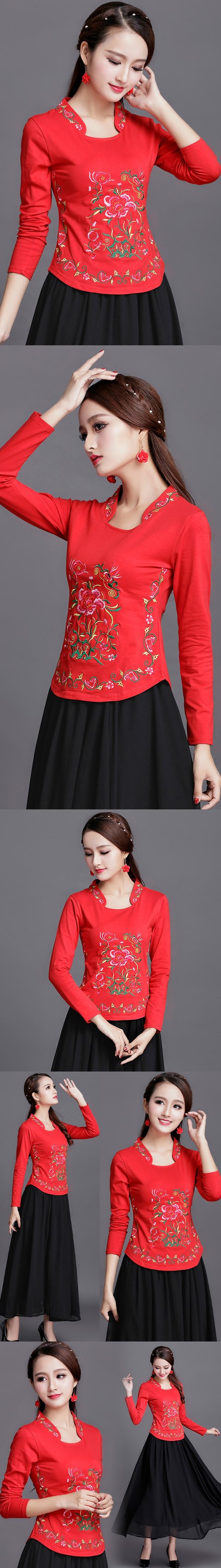 Long-sleeve Chinese Ethnic Embroidery Cotton Blouse (Ready-Made)