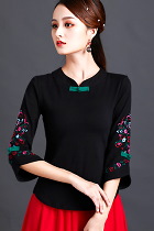 3/4-sleeve Chinese Ethnic Embroidery Blouse (RM)