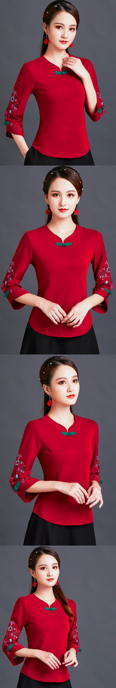 3/4-sleeve Chinese Ethnic Embroidery Blouse (RM)