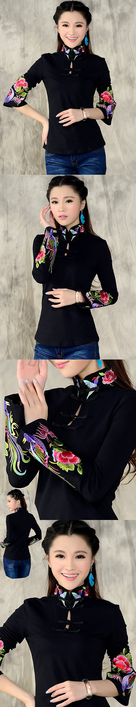 3/4-sleeve Chinese Ethnic Embroidery Blouse (RM)