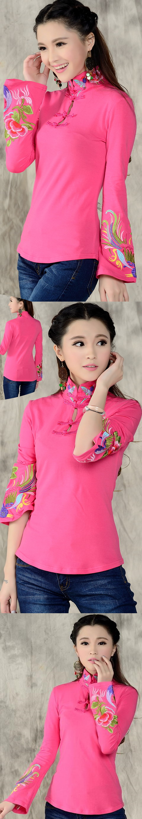 3/4-sleeve Chinese Ethnic Embroidery Blouse (RM)