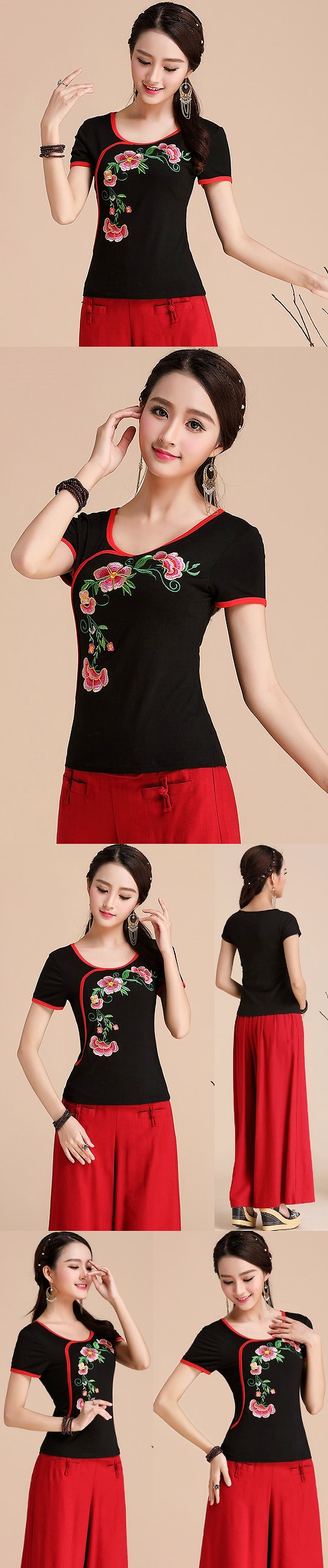 Short-sleeve Chinese Ethnic Embroidery Cotton Blouse (Ready-Made)