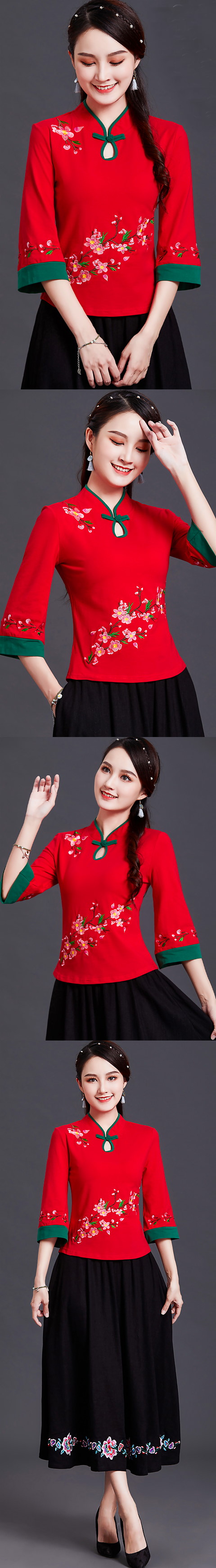 3/4-sleeve Chinese Ethnic Embroidery Blouse (RM)