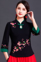 3/4-sleeve Chinese Ethnic Embroidery Blouse (RM)