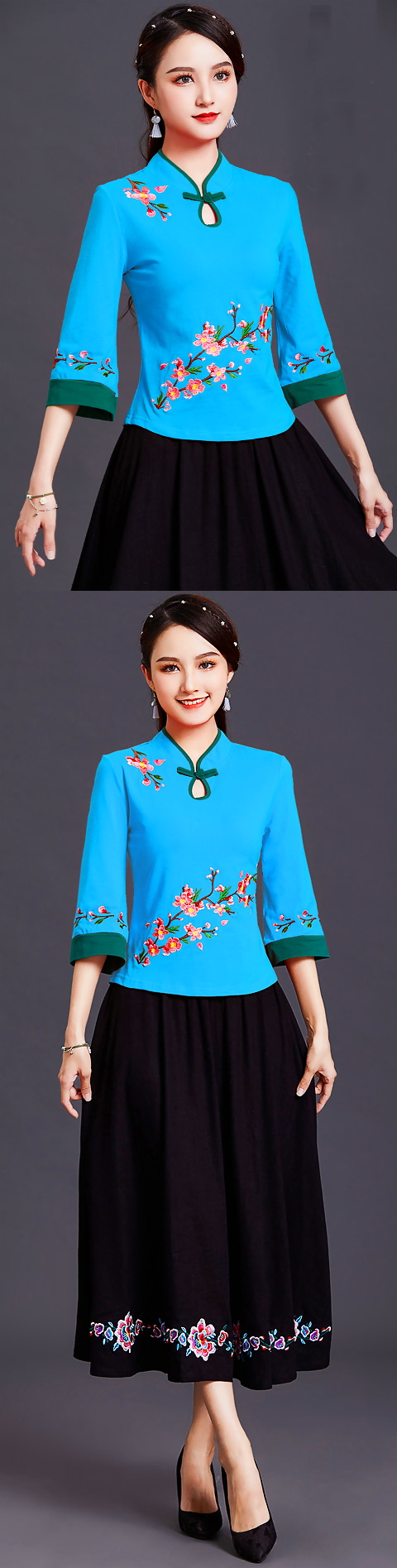 3/4-sleeve Chinese Ethnic Embroidery Blouse (RM)