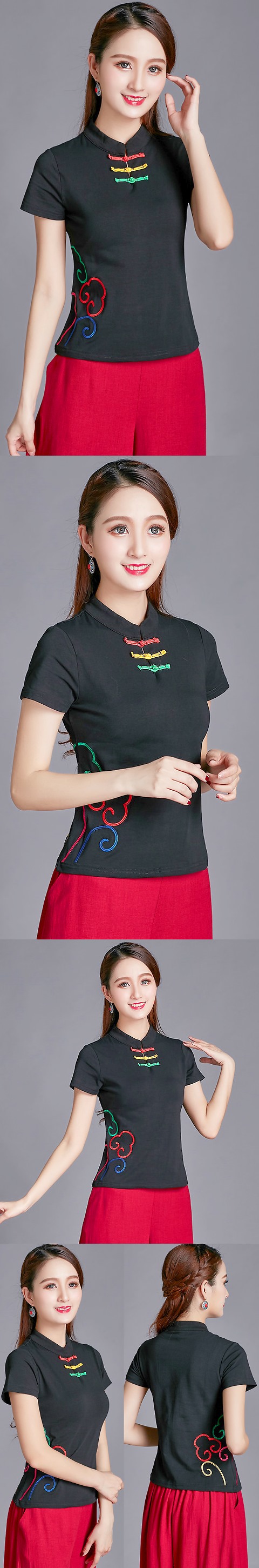 Short-sleeve Chinese Ethnic Embroidery Cotton Blouse (Ready-Made)