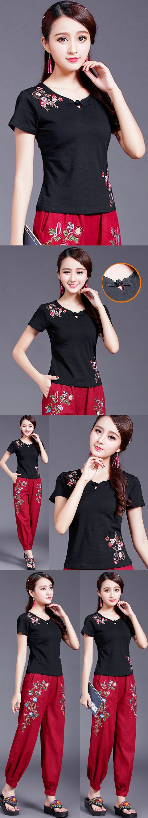 Short-sleeve Chinese Ethnic Embroidery Cotton Blouse (Ready-Made)