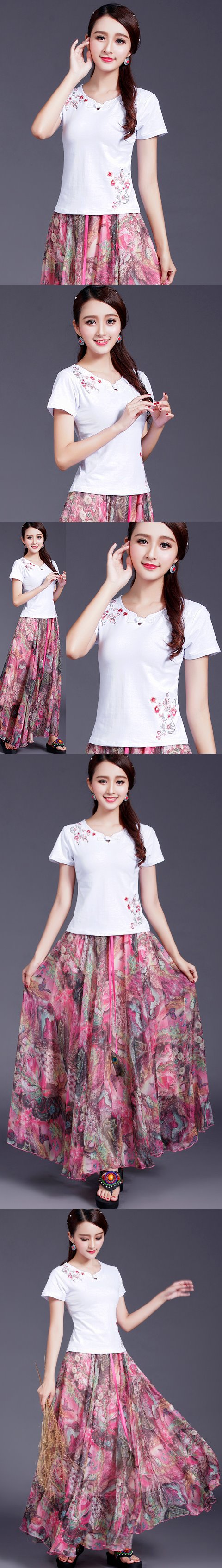 Short-sleeve Chinese Ethnic Embroidery Cotton Blouse (Ready-Made)