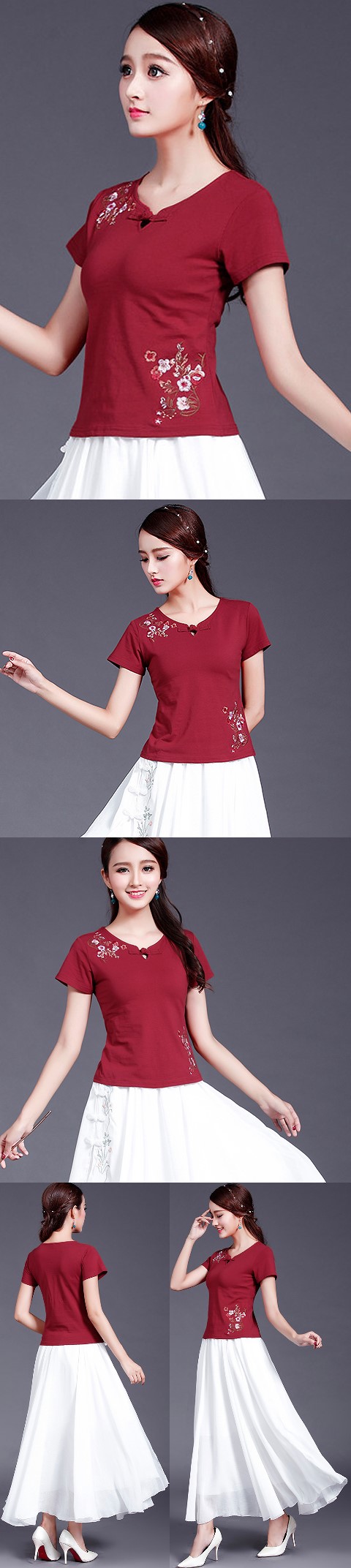 Short-sleeve Chinese Ethnic Embroidery Cotton Blouse (Ready-Made)