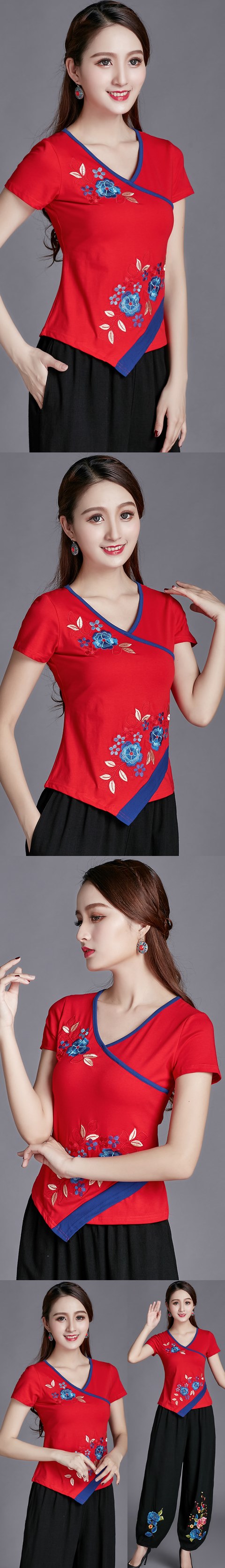 Short-sleeve Chinese Ethnic Embroidery Cotton Blouse (Ready-Made)