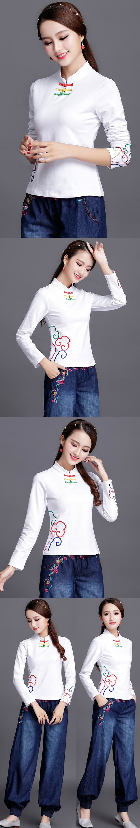 Long-sleeve Chinese Ethnic Embroidery Cotton Blouse (Ready-Made)