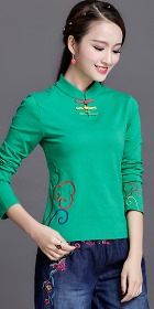 Long-sleeve Chinese Ethnic Embroidery Cotton Blouse (Ready-Made)