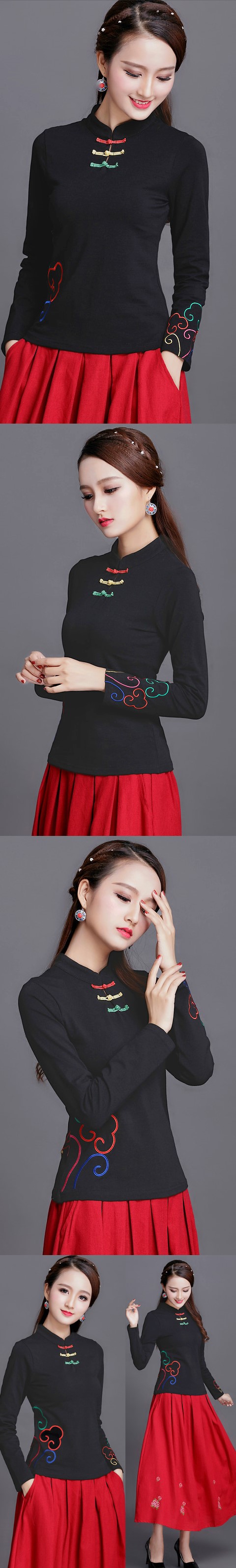 Long-sleeve Chinese Ethnic Embroidery Cotton Blouse (Ready-Made)