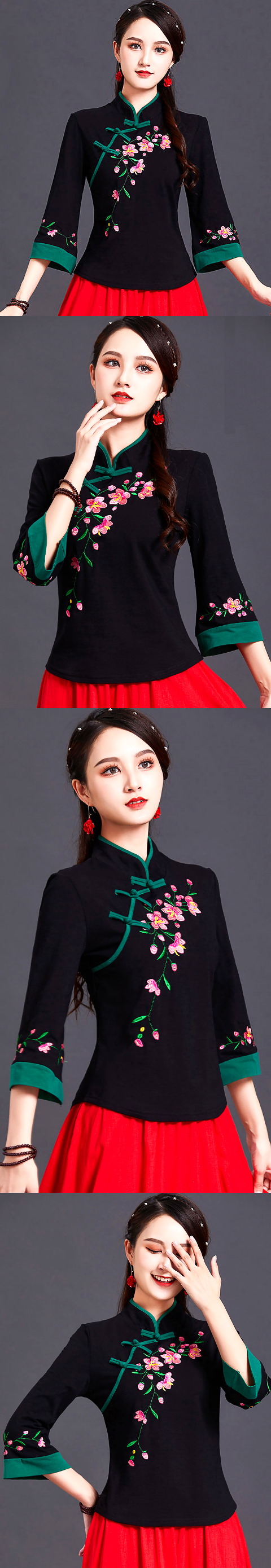 3/4-sleeve Chinese Ethnic Embroidery Blouse (RM)