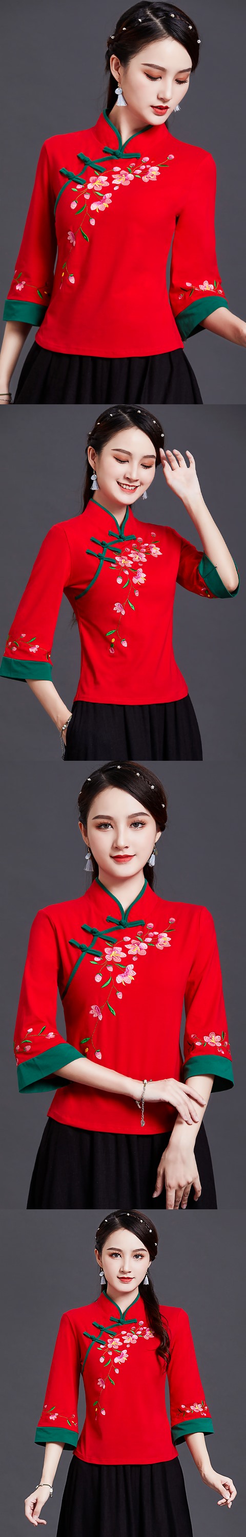 3/4-sleeve Chinese Ethnic Embroidery Blouse (RM)