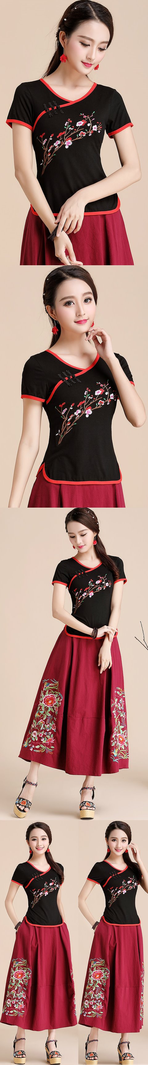 Short-sleeve Chinese Ethnic Embroidery Cotton Blouse (Ready-Made)