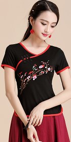 Short-sleeve Chinese Ethnic Embroidery Cotton Blouse (Ready-Made)