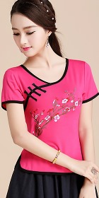 Short-sleeve Chinese Ethnic Embroidery Cotton Blouse (Ready-Made)
