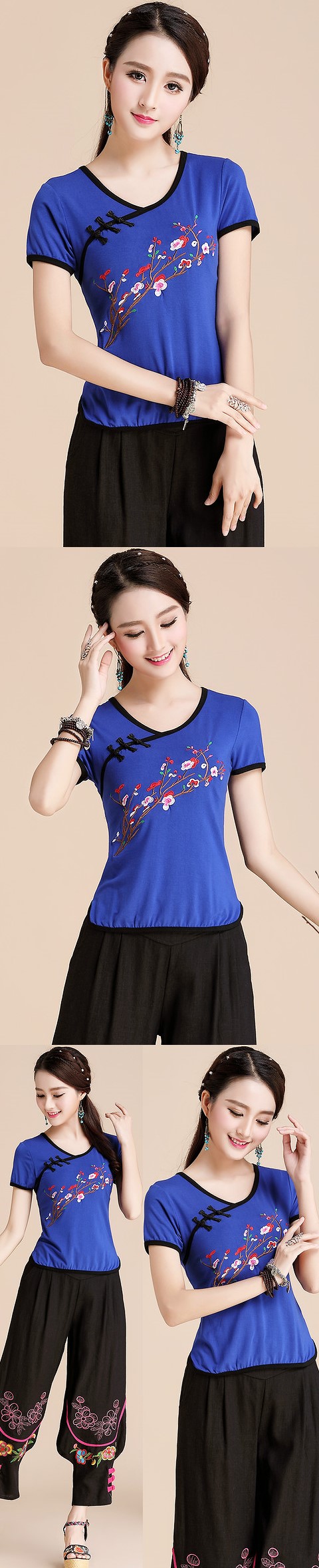 Short-sleeve Chinese Ethnic Embroidery Cotton Blouse (Ready-Made)