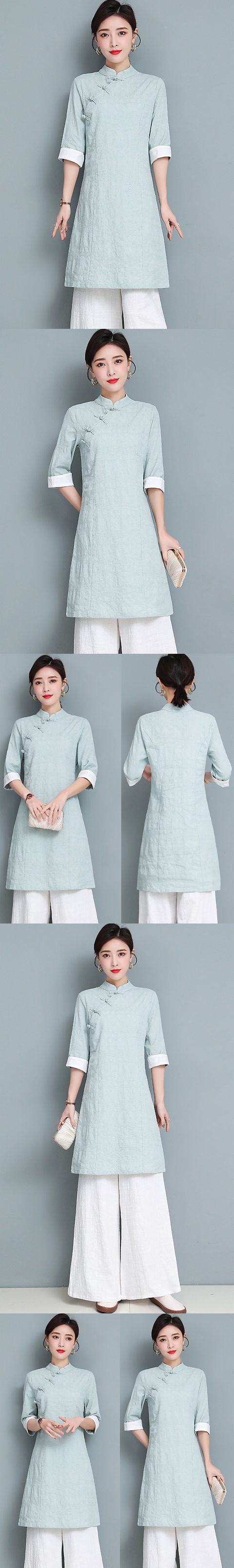 Folding-sleeve Linen Chic Ethnic EXTRA-long Blouse (RM)