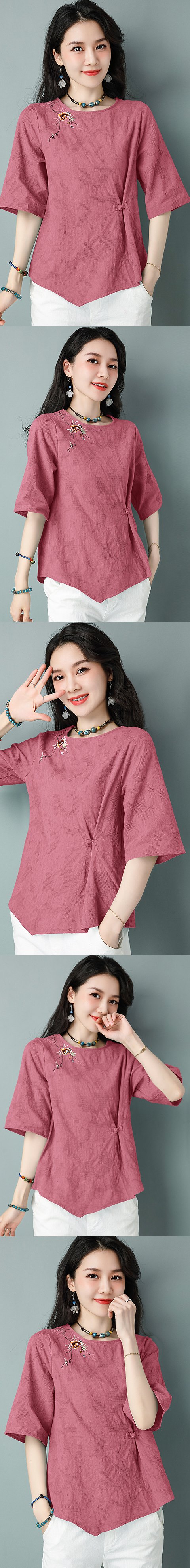 Elbow-sleeve Cotton Linen Chic Ethnic Blouse (RM)