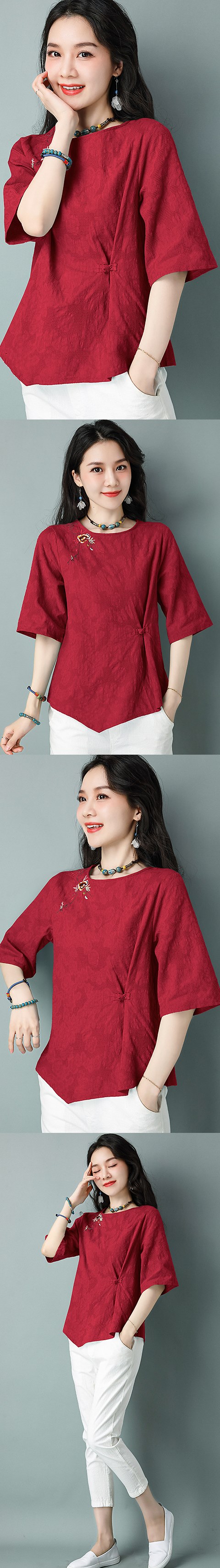 Elbow-sleeve Cotton Linen Chic Ethnic Blouse (RM)