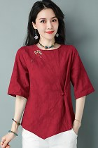 Elbow-sleeve Cotton Linen Chic Ethnic Blouse (RM)