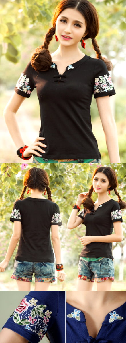 Ethnic Floral Embroidery Short-sleeve Blouse - Black (RM)