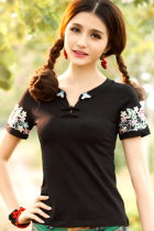 Ethnic Floral Embroidery Short-sleeve Blouse - Black (RM)