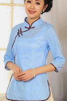 3/4-sleeve Cotton Linen Mandarin Blouse (CM)