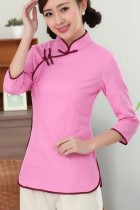 3/4-sleeve Cotton Linen Mandarin Blouse (CM)