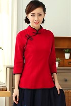 3/4-sleeve Cotton Linen Mandarin Blouse (CM)