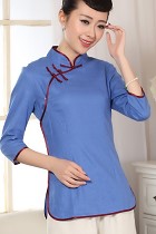 3/4-sleeve Cotton Linen Mandarin Blouse (CM)