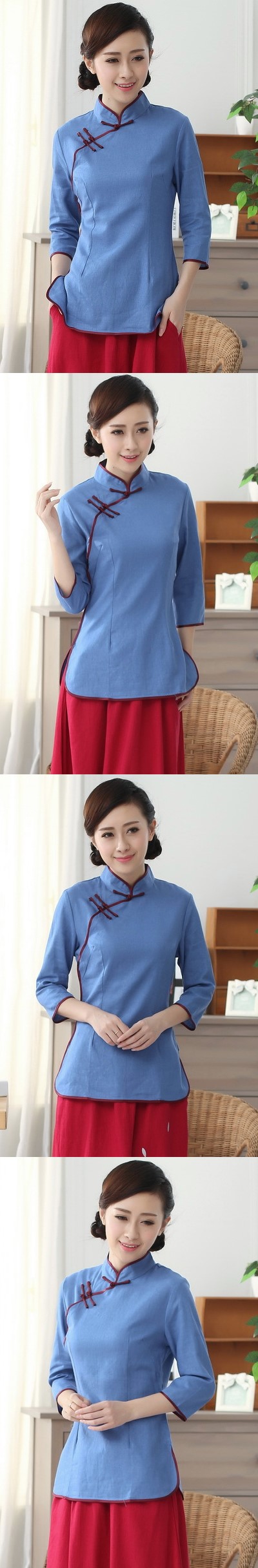 3/4-sleeve Cotton Linen Mandarin Blouse (CM)