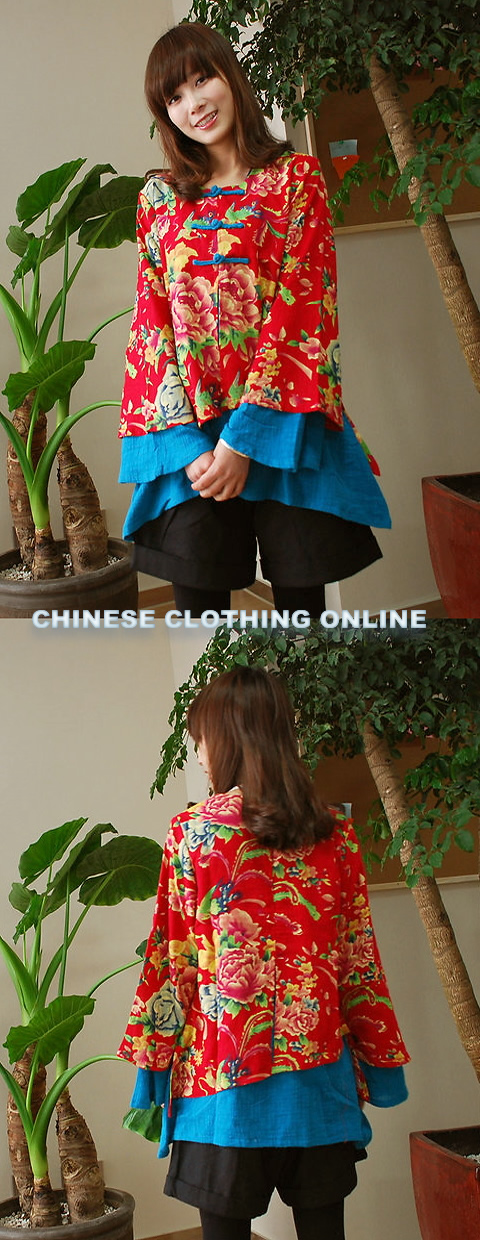Ethnic Long-sleeve Floral Printing Daul-layer Blouse (CM)