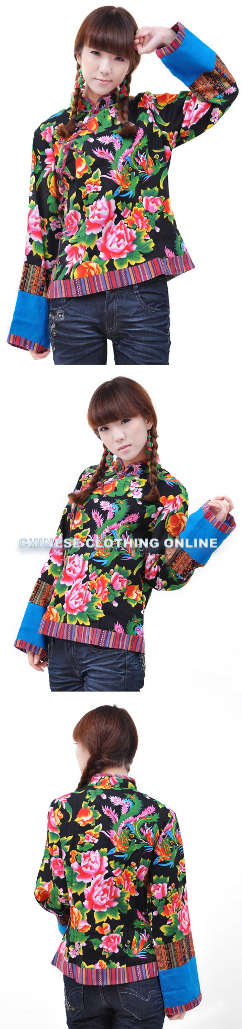 Ethnic Long-sleeve Floral Printing Blouse (CM)