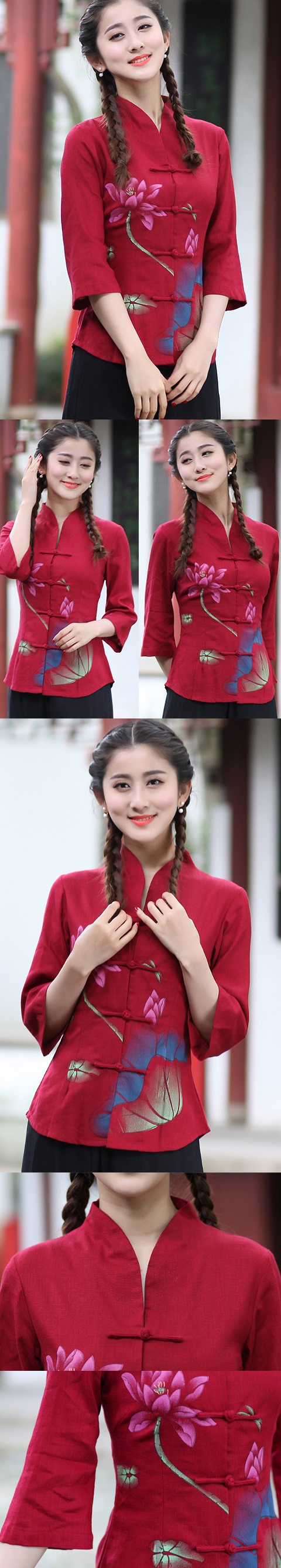 Hand-Painting Lotus 3/4-sleeve Chinese Ethnic Blouse (Ready-Made)