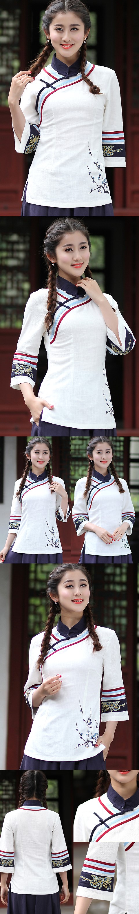 Featured 3/4-sleeve Chinese Ethnic Blouse (Ready-Made)