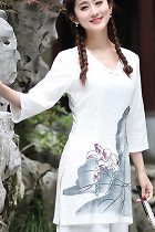 Hand-Painting Lotus 3/4-sleeve Chinese Ethnic Blouse (Ready-Made)