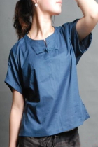 Ethnic Short-sleeve Round Collar Blouse (CM)