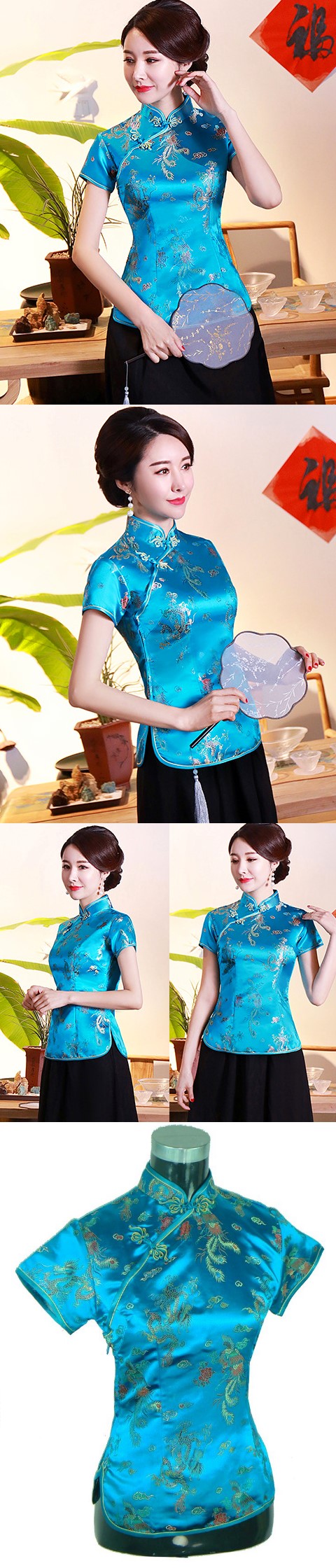 Short-sleeve Dragon and Phoenix Embroidery Mandarin Blouse (RM)