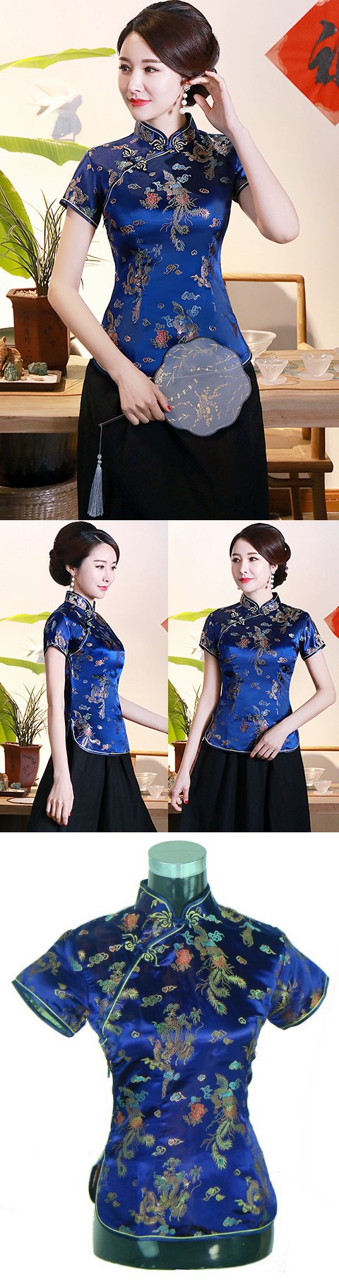 Short-sleeve Dragon and Phoenix Embroidery Mandarin Blouse (RM)