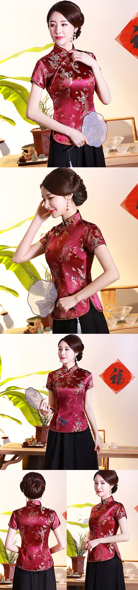 Short-sleeve Dragon and Phoenix Embroidery Mandarin Blouse (RM)