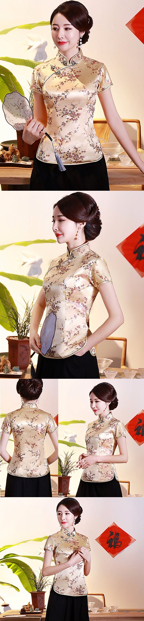 Short-sleeve Plumb Blossoms Embroidery Mandarin Blouse (RM)