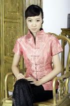 Short-sleeve Embossed Embroidery Mandarin Blouse (Orange)