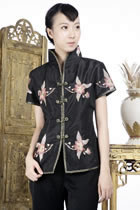 Short-sleeve Floral Embroidery Mandarin Blouse (Black)